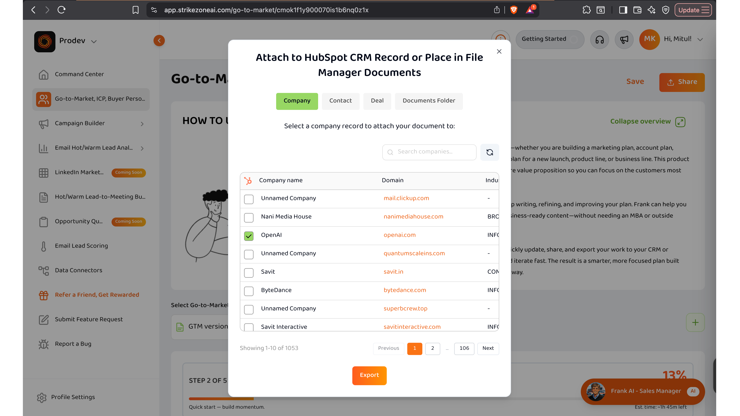 Dokumenter, der er vedhæftet HubSpot-aftaler og -kontakter via StrikeZone