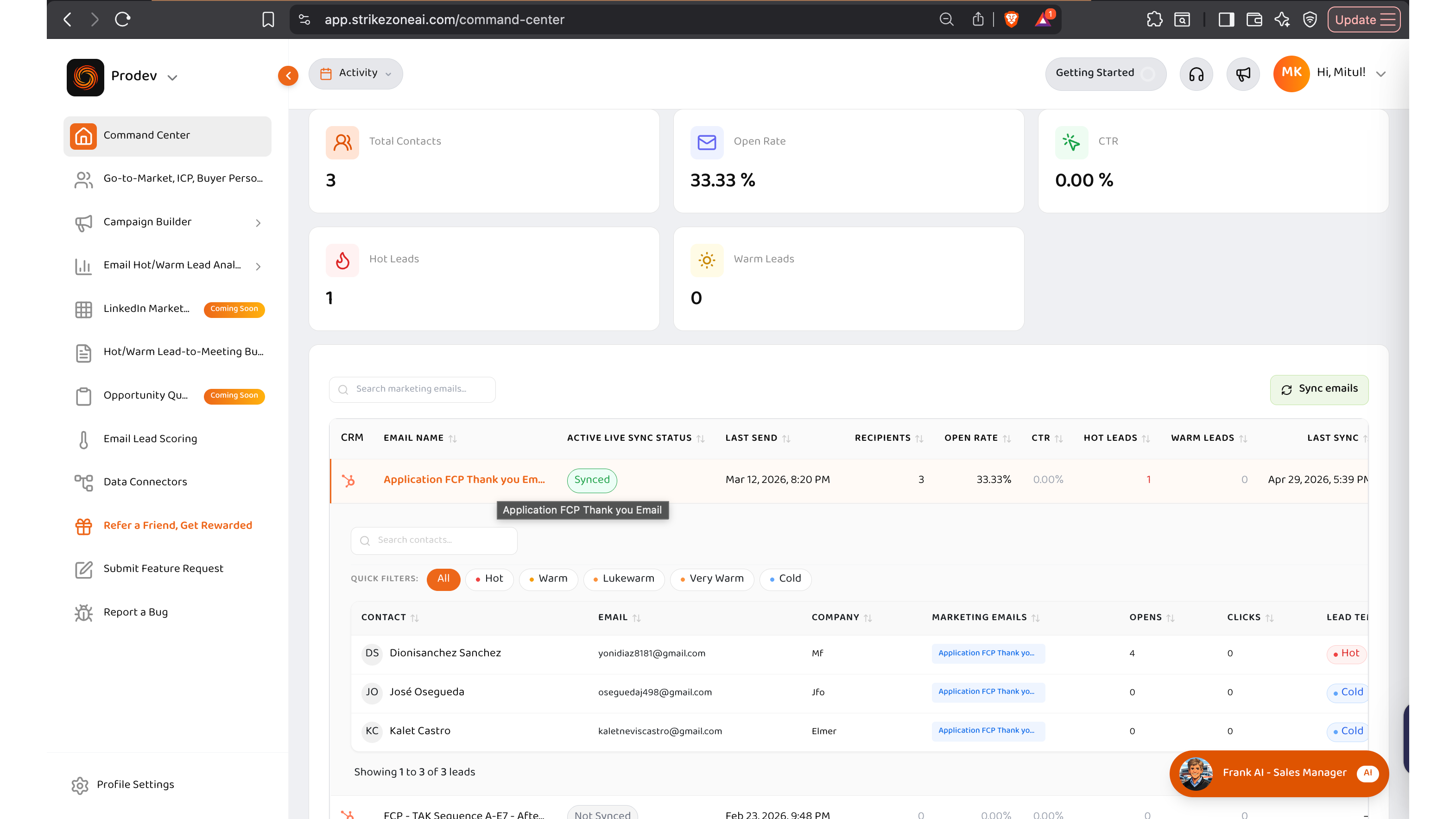 HubSpot-kampagneanalyse i StrikeZone-dashboardet